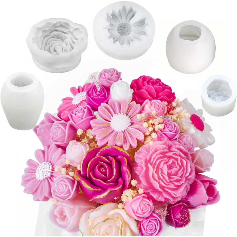 Candle Making For Beginners - 5-teiliges Blumen-Kerzenformen-Set, 3D-Blumen-Silikon-Kerzenform, zur Kerzenherstellung, Gänseblümchen-,